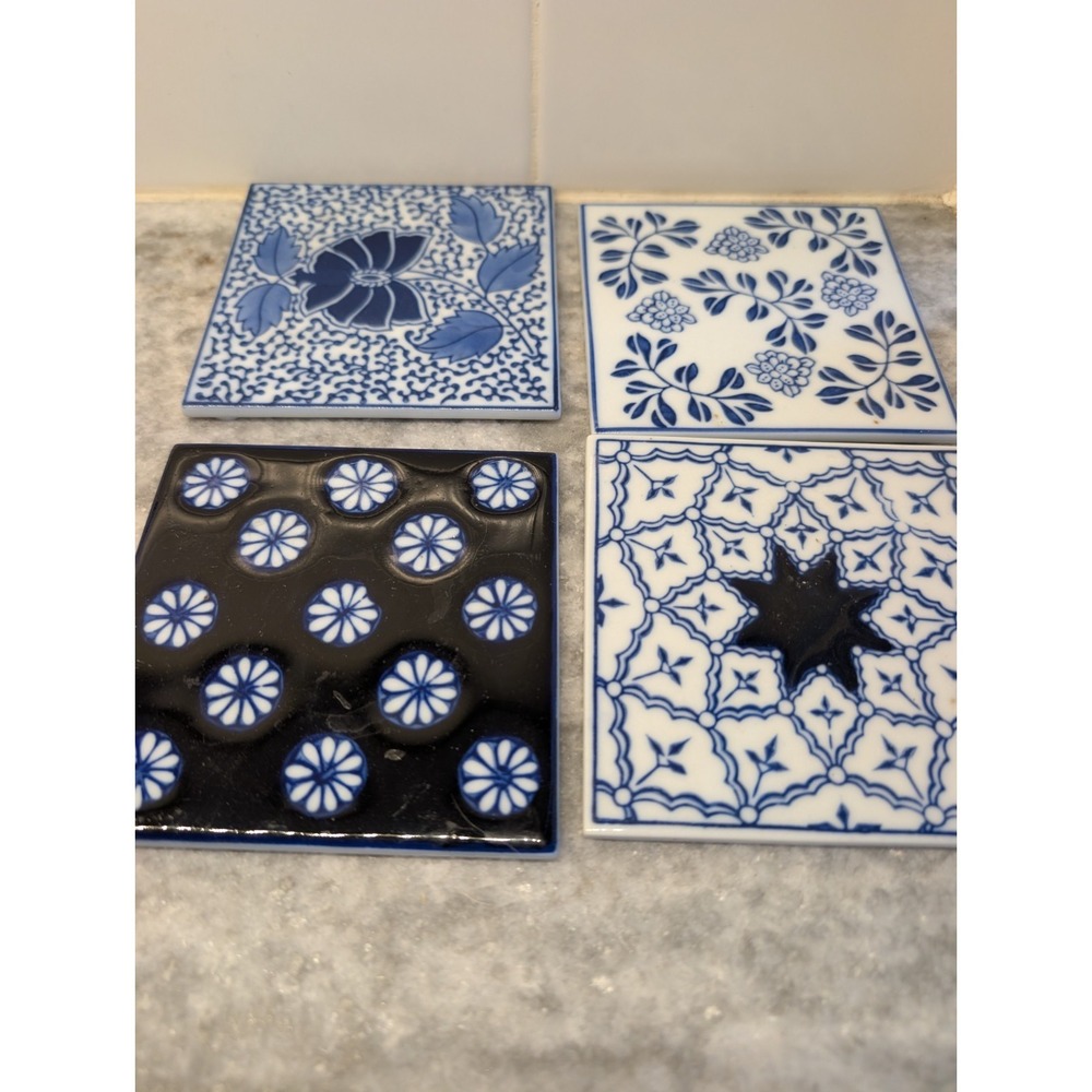 PIER 1 Imports Blue White Chinoiserie Tile Coaster Set Of 4, 4"x4" Moroccan